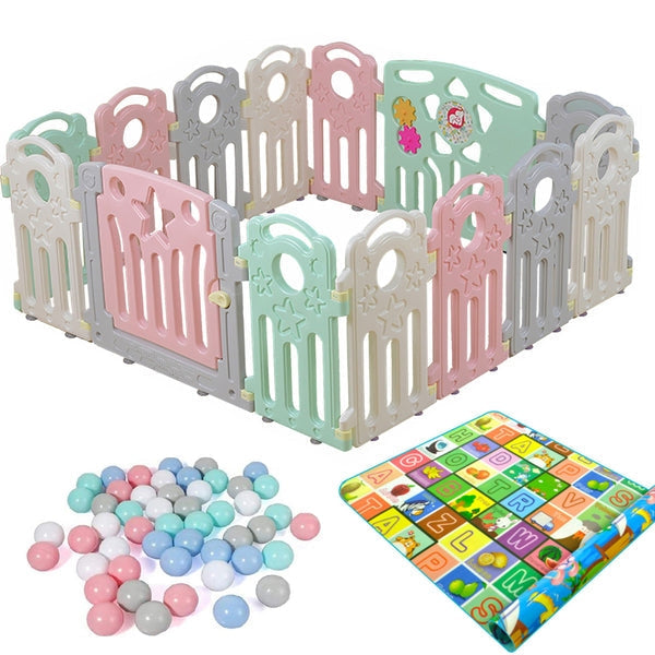 Baby Playpen with 14 Panels Multicolored Safety Gates, Mat and Balls.