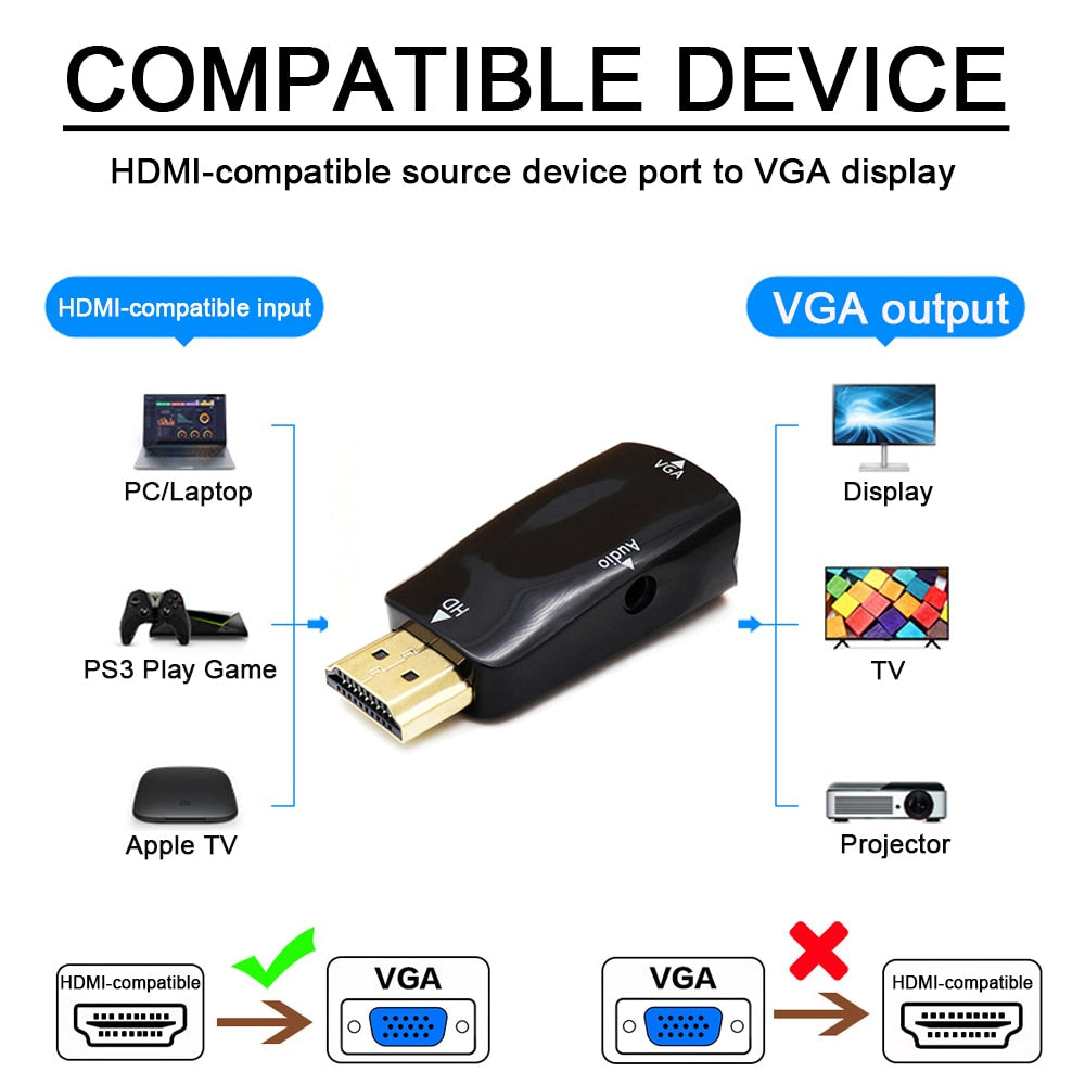 HDMI to VGA Cable Converter Adapter with 3.5mm Audio Jack