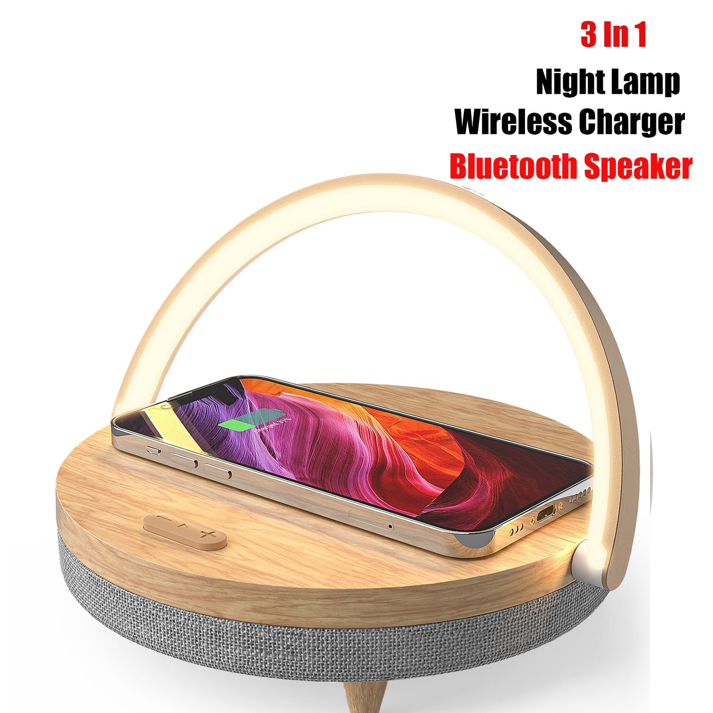 Wooden Table Lamp with Wireless Charging, Bluetooth Speaker, and LED Light