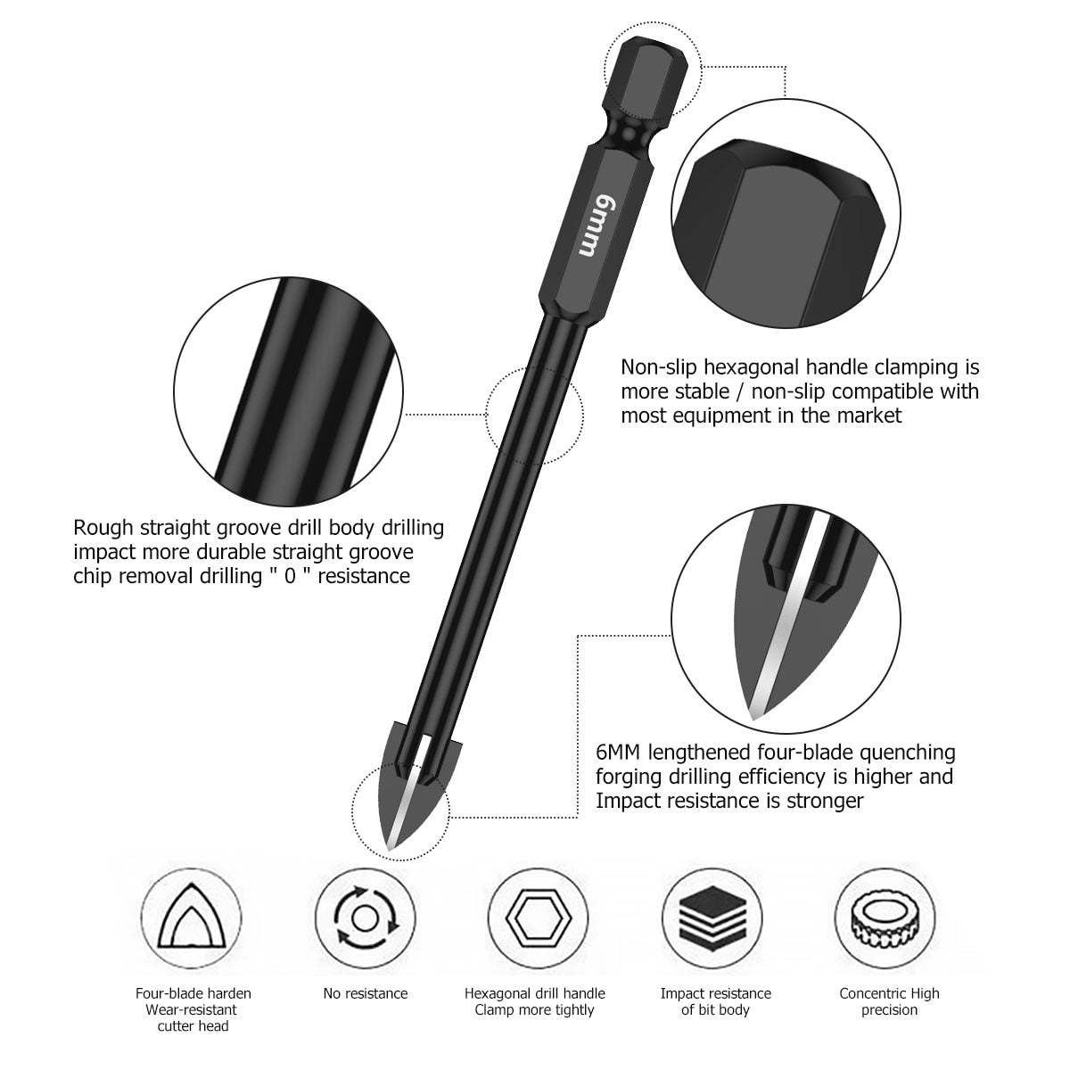 Hexagonal Cross Drill Bit Set - 10 Pcs 6mm