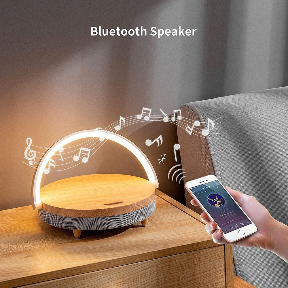 Wooden Table Lamp with Wireless Charging, Bluetooth Speaker, and LED Light