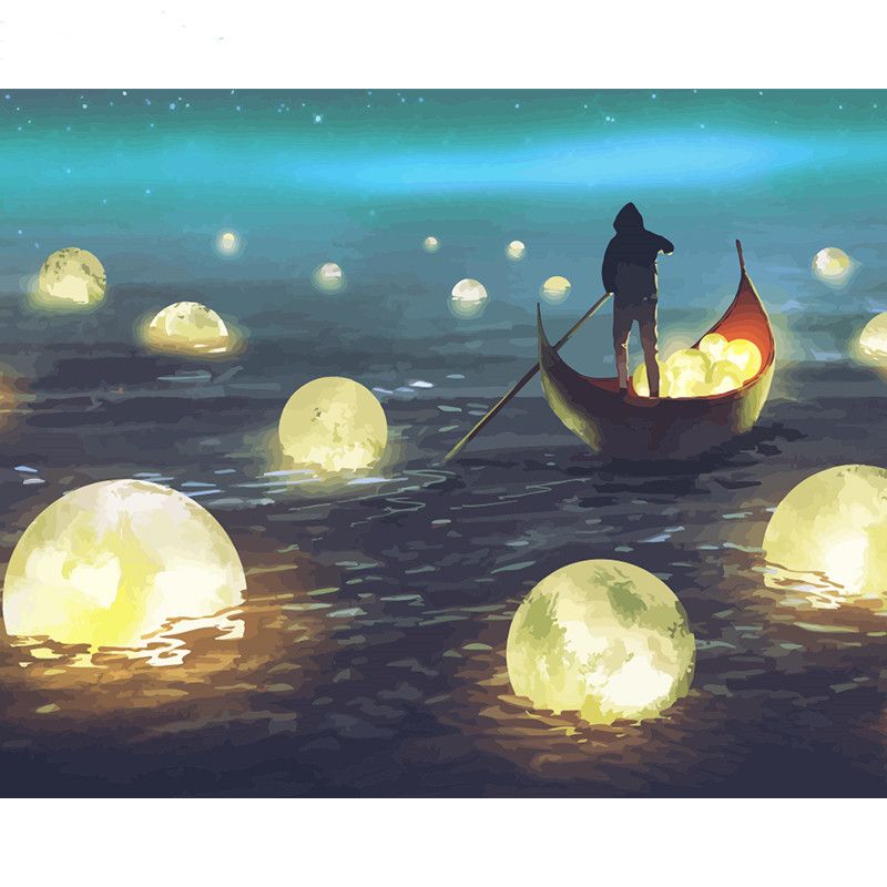 Jigsaw puzzle 1000 pieces -Night scenery of a man owing a boat among many glowing moons