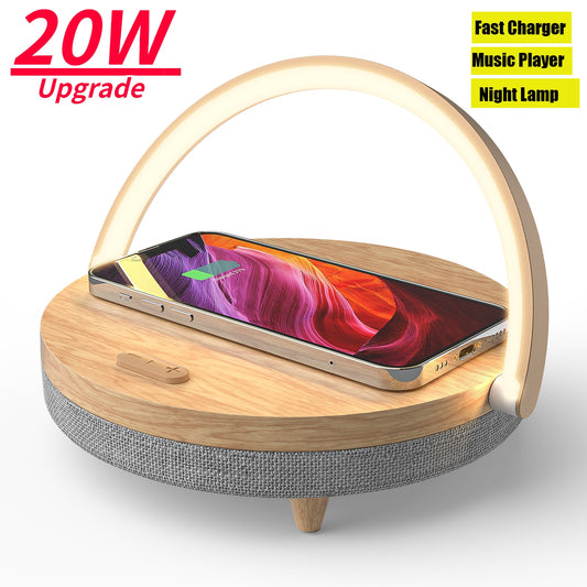 Wooden Table Lamp with Wireless Charging, Bluetooth Speaker, and LED Light